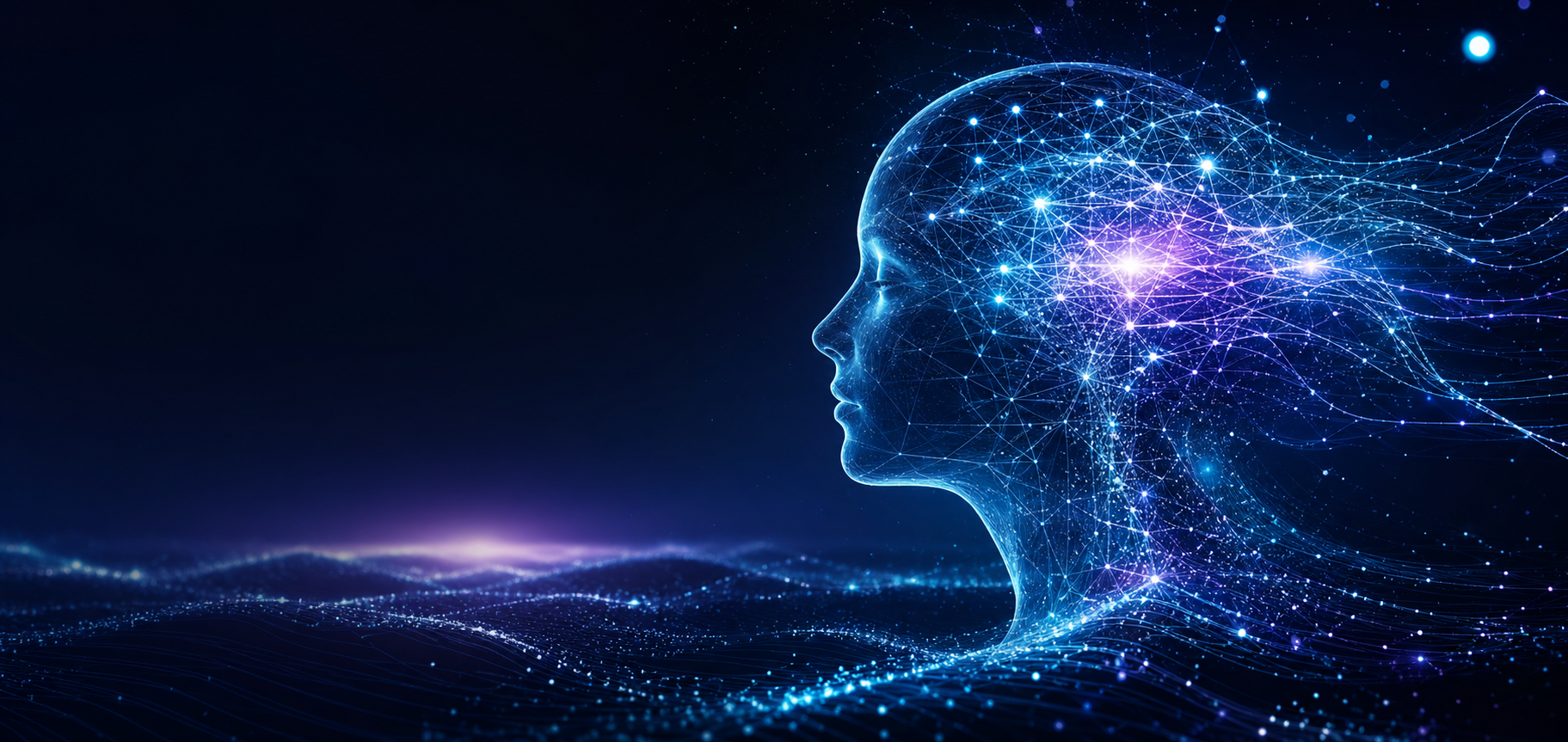 A luminous human mind connected to an expansive artificial intelligence network