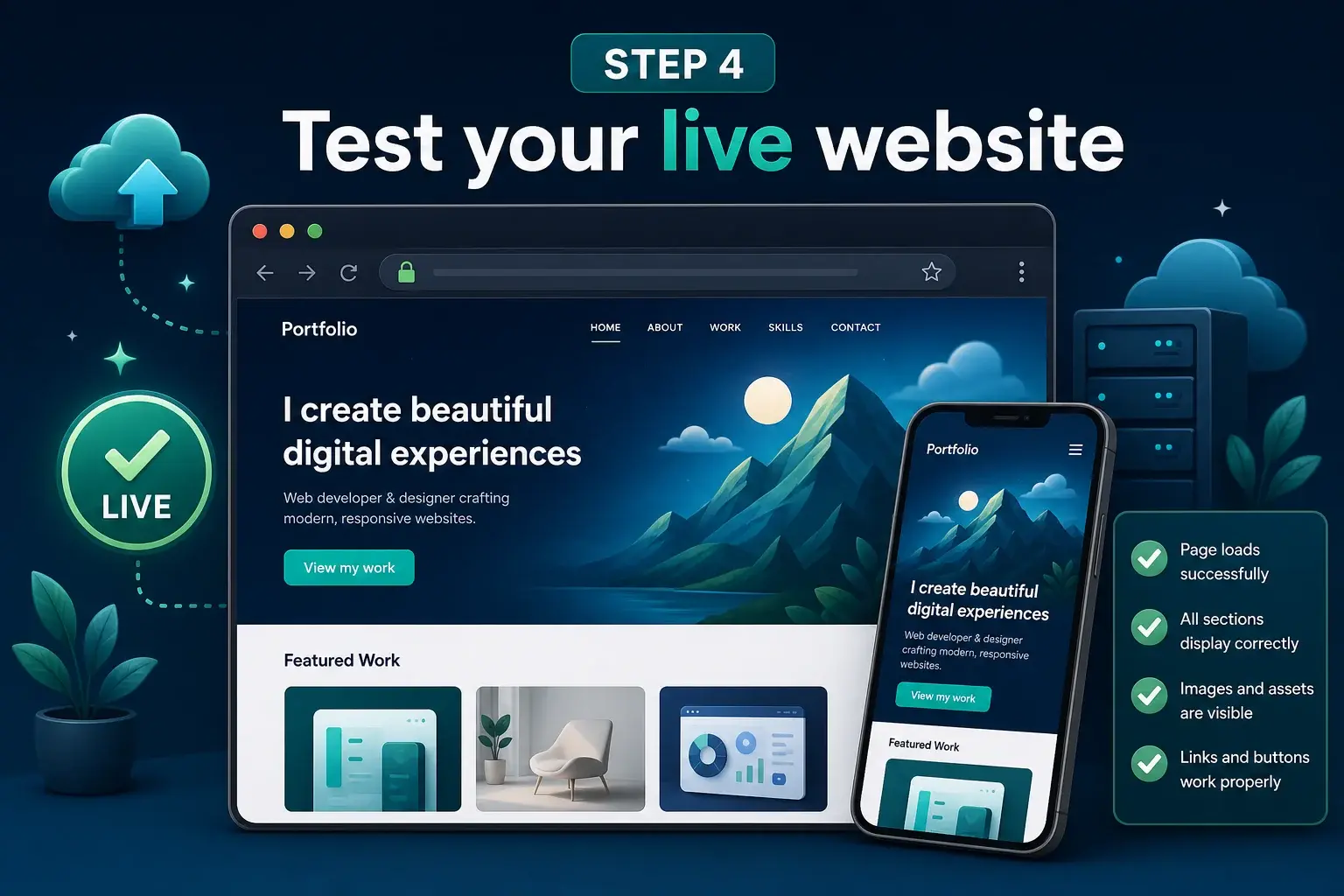 Step 4 illustration showing a live responsive portfolio website and a successful verification checklist