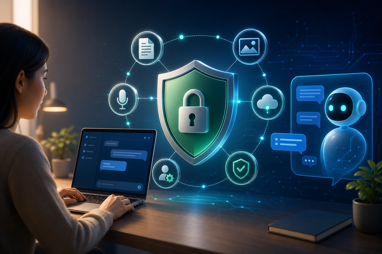 A person using an AI assistant protected by a central privacy shield and lock