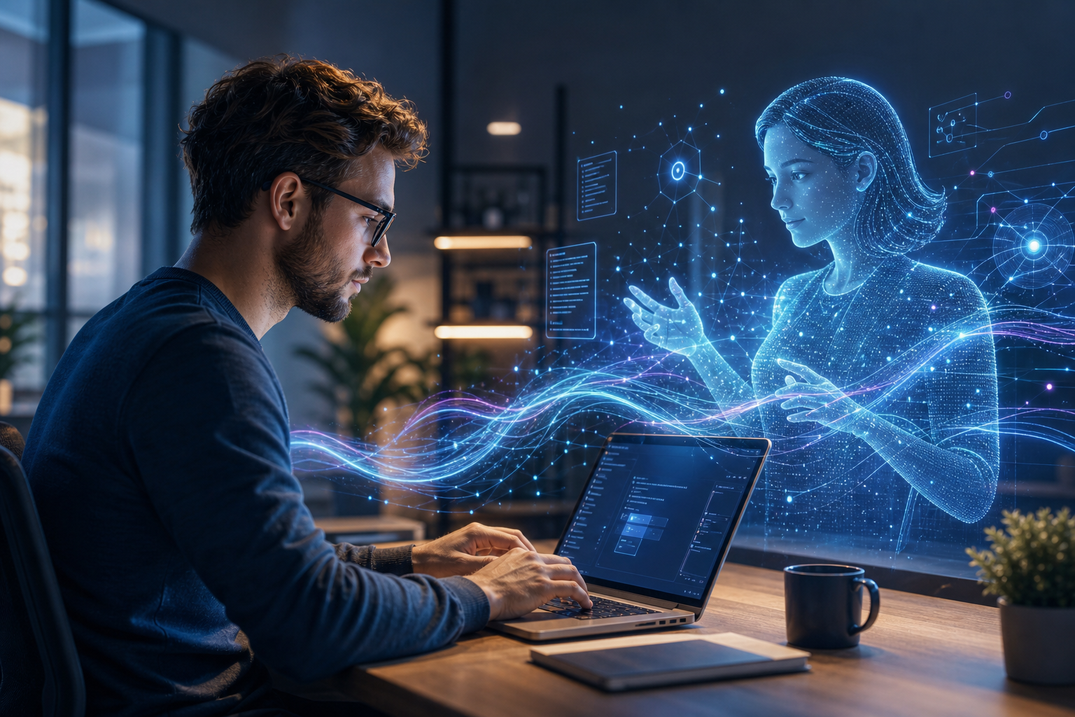 A software developer collaborating with a holographic artificial intelligence assistant