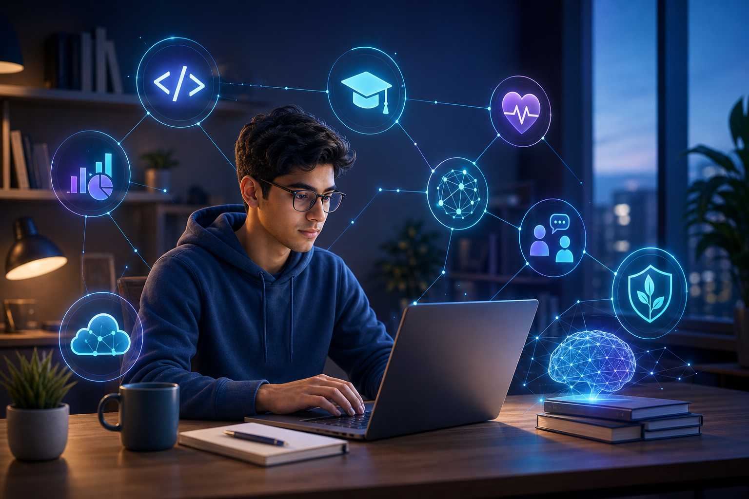 A student learning connected artificial intelligence skills at a modern workspace