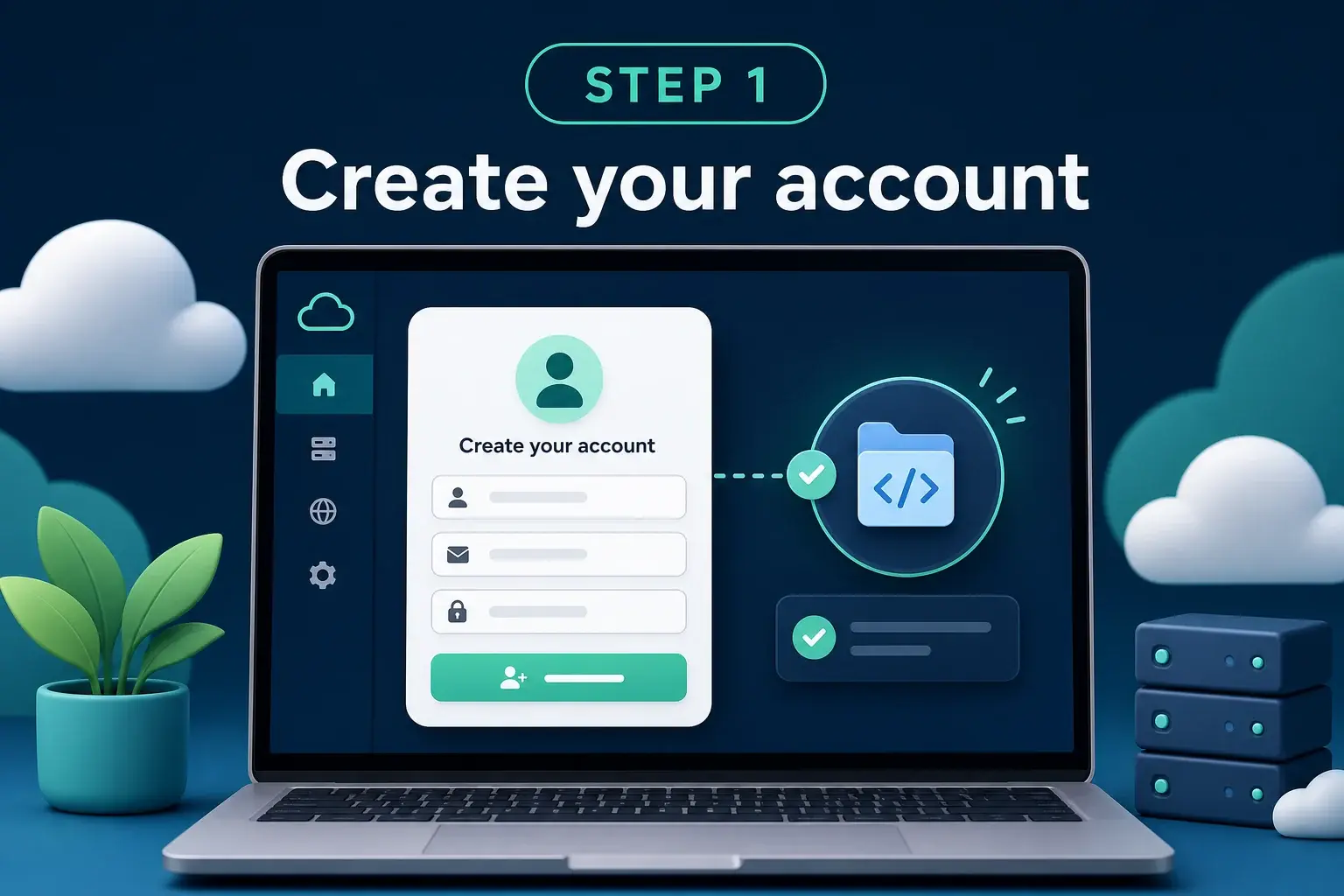 Step 1 illustration showing a hosting account being created and connected to a code repository