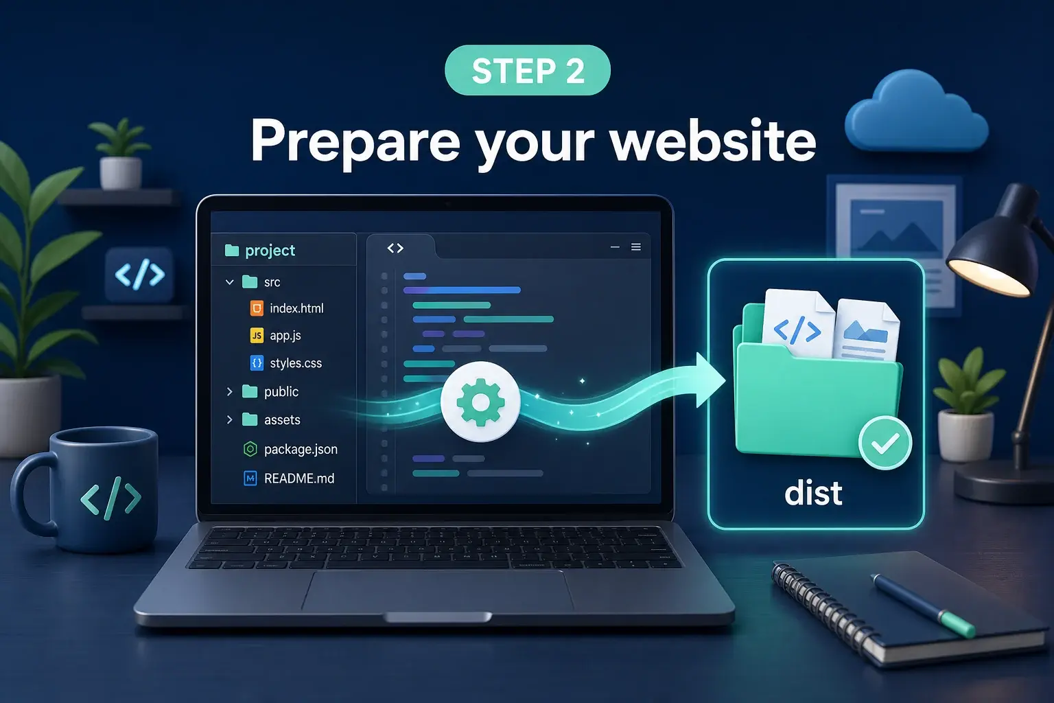 Step 2 illustration showing website source files being built into a production dist folder