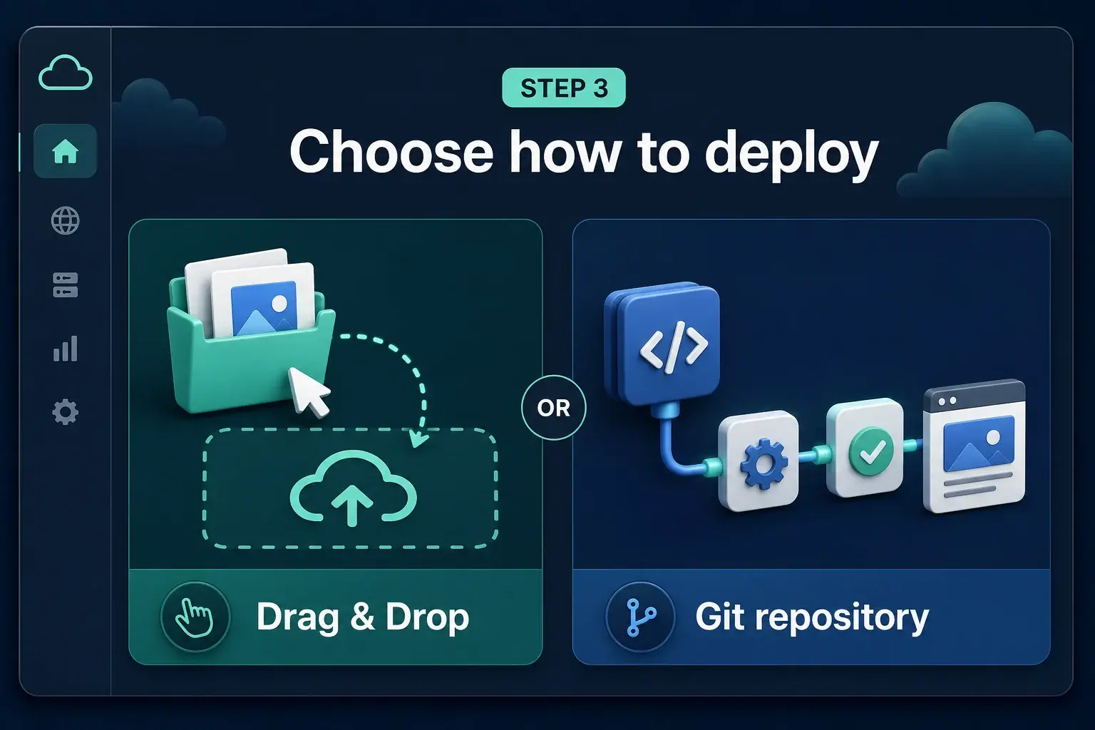 Step 3 illustration comparing drag-and-drop deployment with deployment from a Git repository