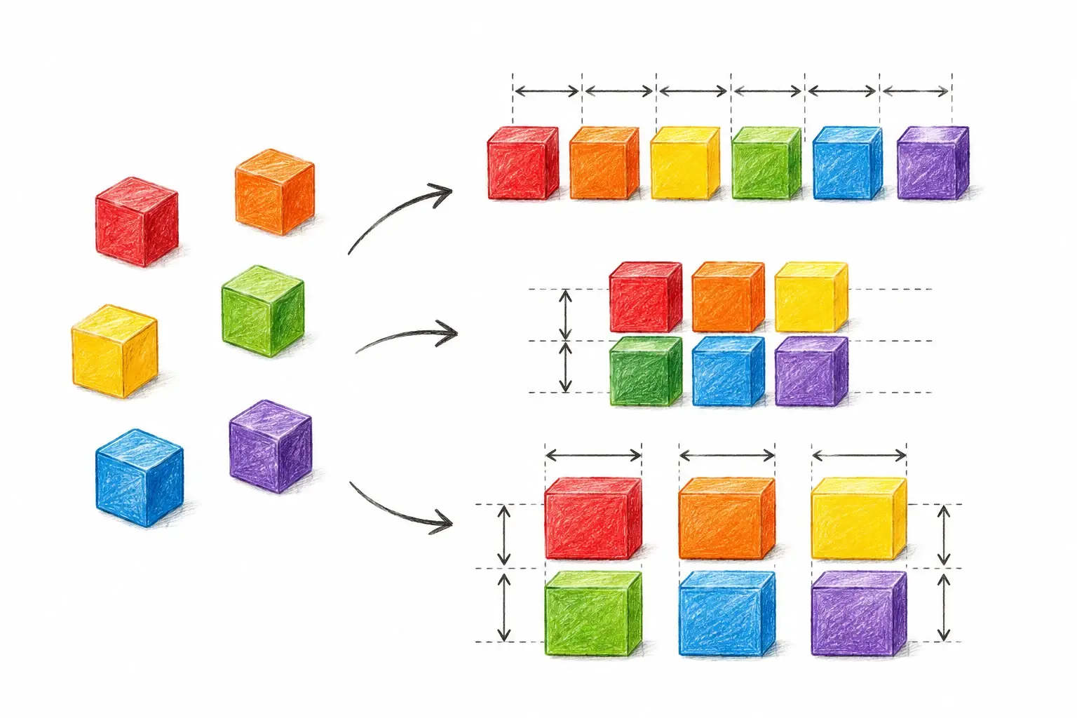 Hand-drawn Flexbox illustration showing items arranged in rows, wrapped lines, and evenly spaced layouts