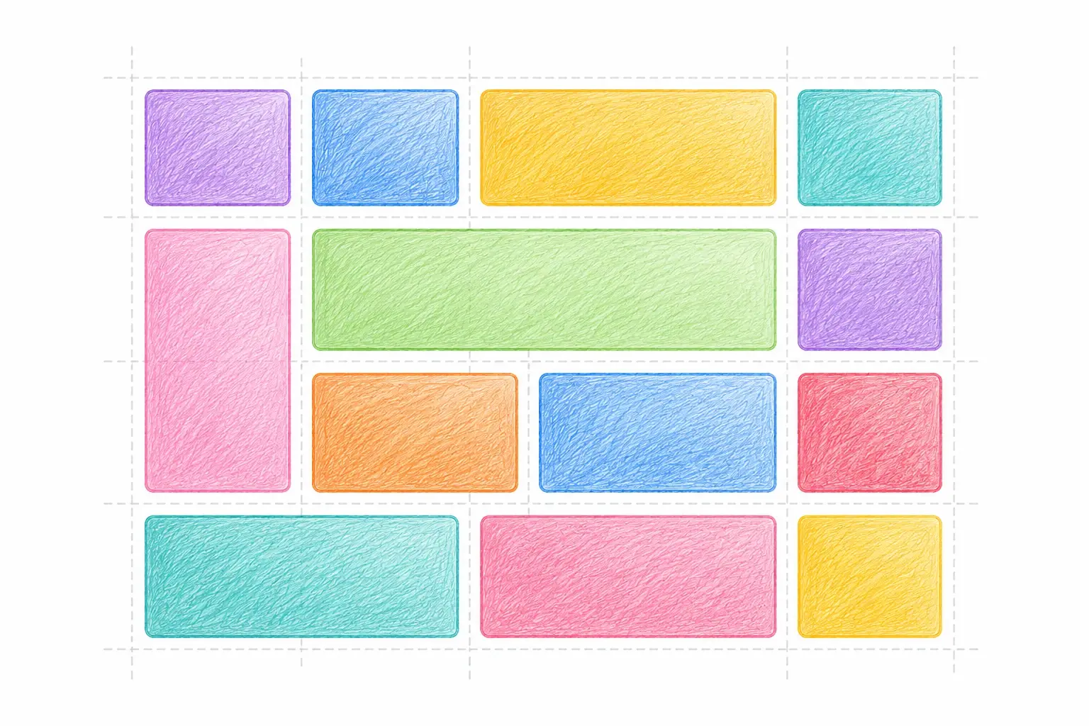 Hand-drawn CSS Grid illustration showing differently sized items arranged across rows and columns