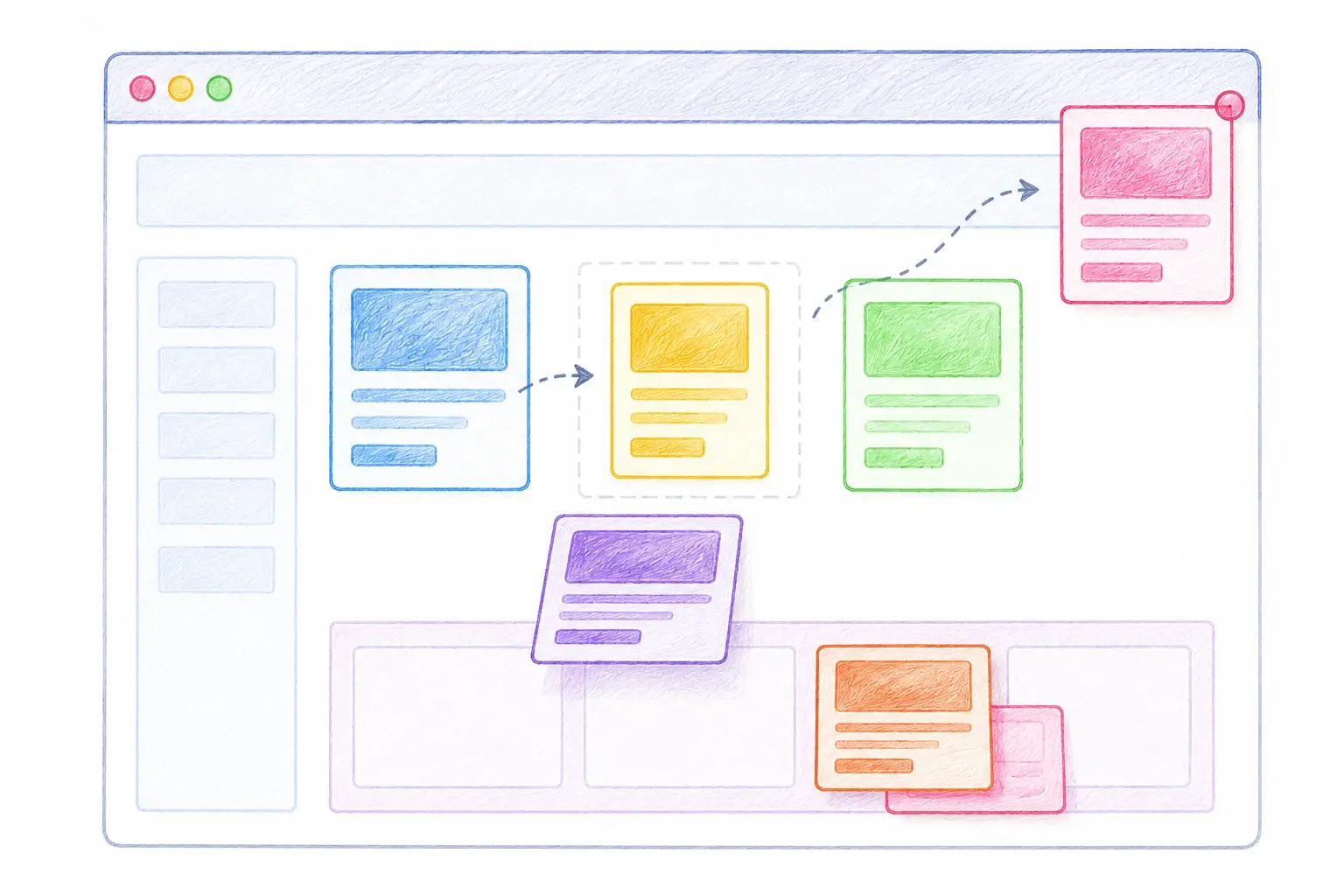 Hand-drawn CSS positioning illustration showing elements moved, layered, and anchored around a webpage layout