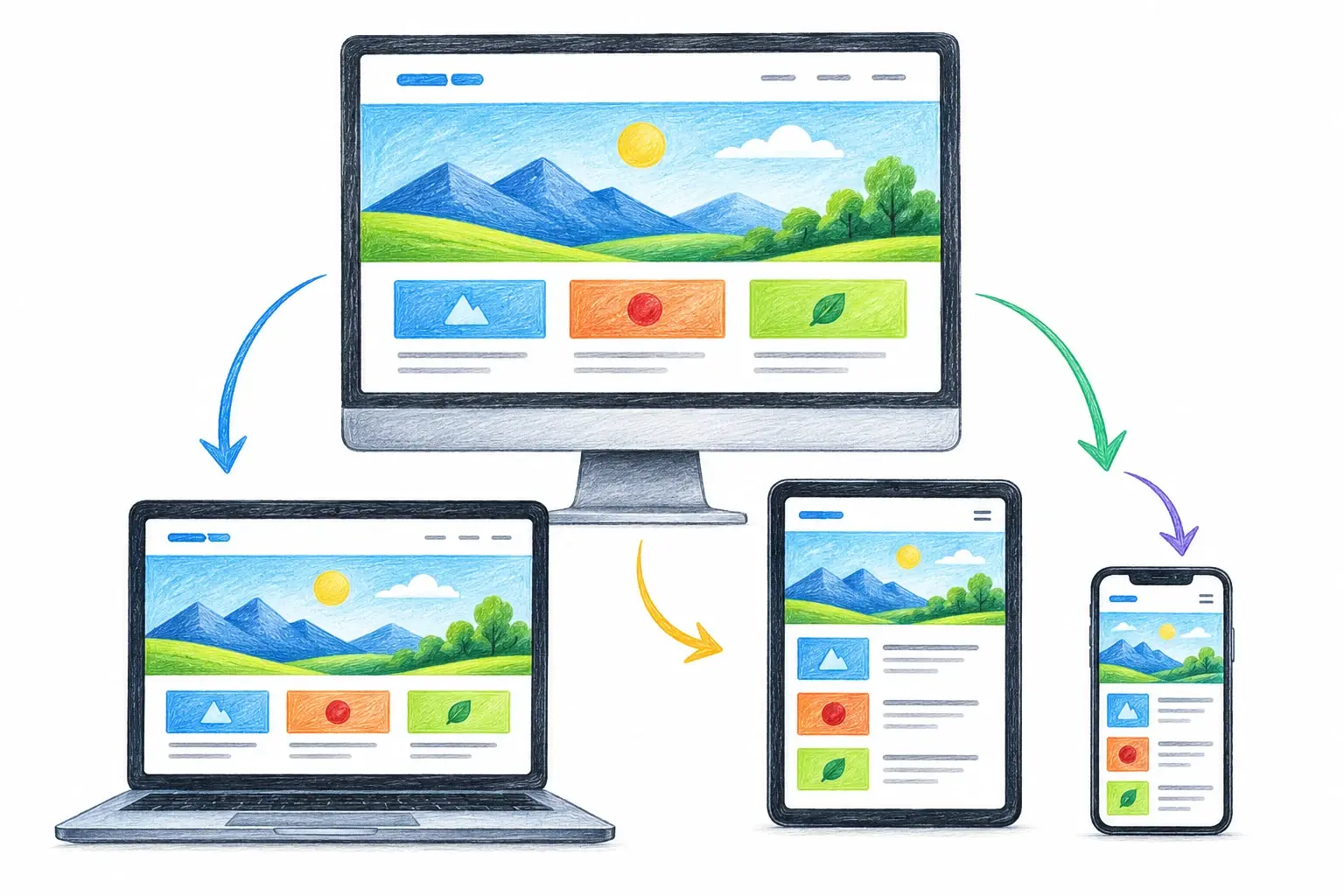Hand-drawn responsive design illustration showing one website adapting across desktop, laptop, tablet, and mobile screens