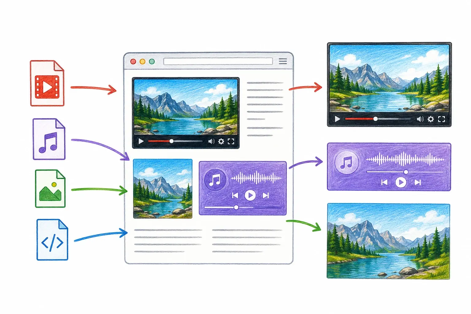 Hand-drawn diagram showing video, audio, image, and source files displayed as media in a web browser