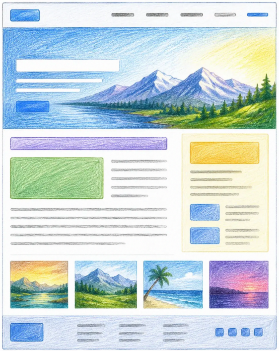 Hand-drawn semantic webpage layout with navigation, hero, main content, sidebar, gallery, and footer sections