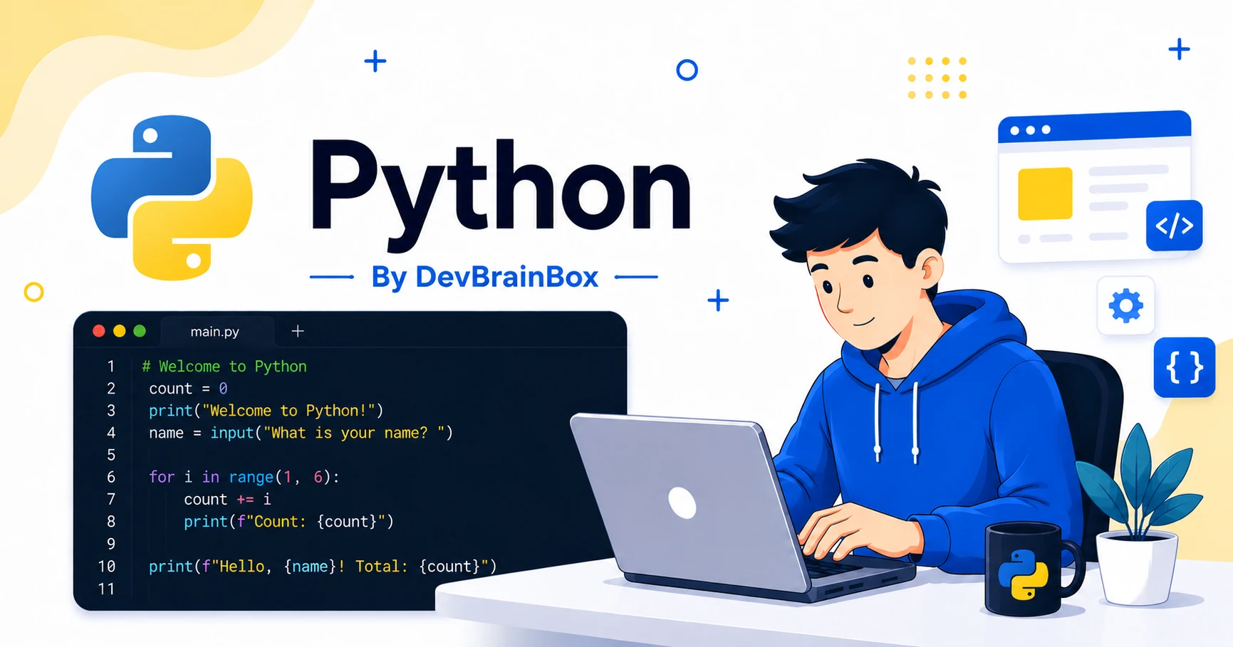 DevBrainBox Python introduction banner showing a learner and a Python code editor