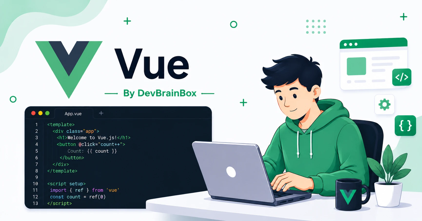 DevBrainBox Vue introduction banner showing a learner and a Vue single-file component editor